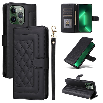 iPhone 13 Pro Diamond Lattice Leather Flip Phone Case - Durable and Convenient Holder with Precision Cutouts