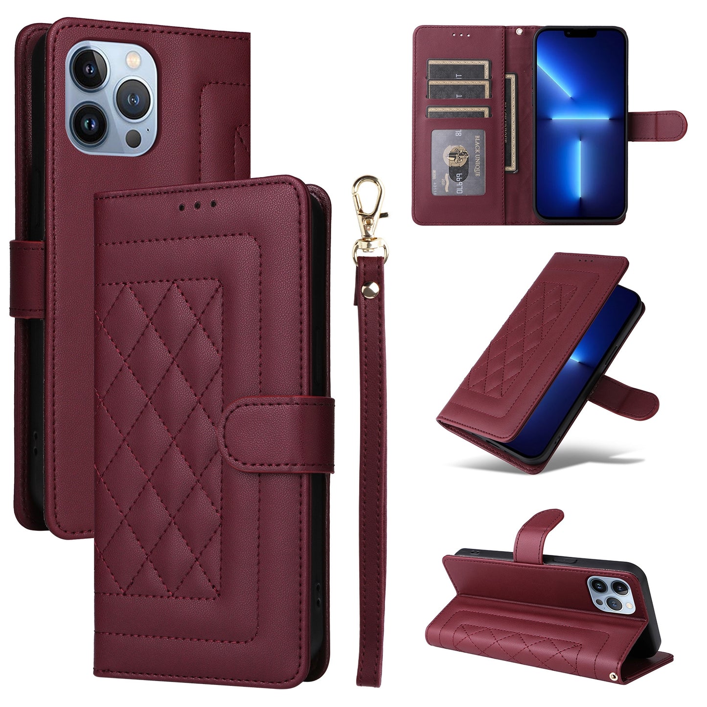 iPhone 13 Pro Max Diamond Lattice Leather Flip Phone Case - Durable and Convenient Holder with Precision Cutouts