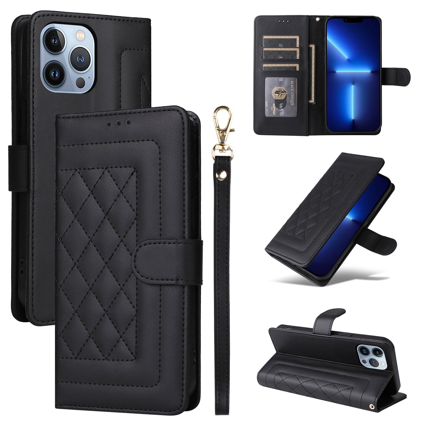 iPhone 13 Pro Max Diamond Lattice Leather Flip Phone Case - Durable and Convenient Holder with Precision Cutouts