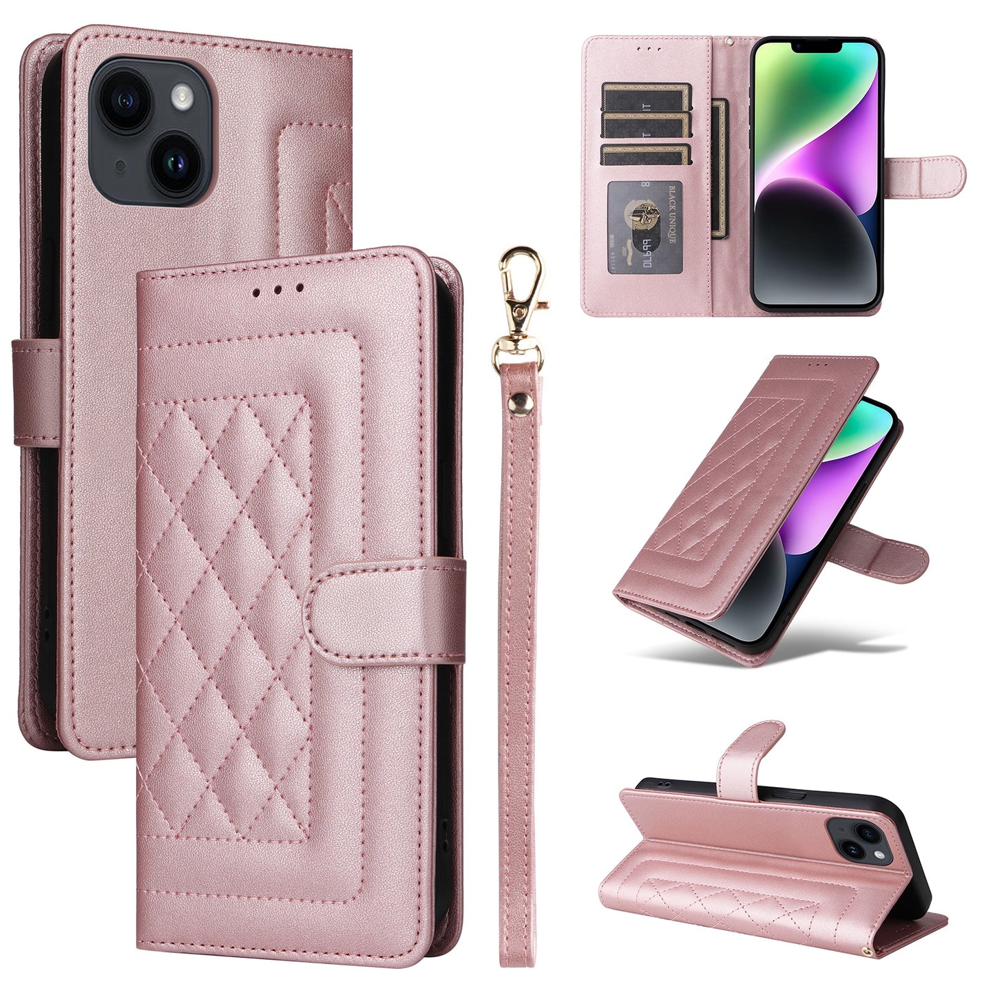 iPhone 14 Diamond Lattice Leather Flip Phone Case - Durable and Convenient Holder with Precision Cutouts