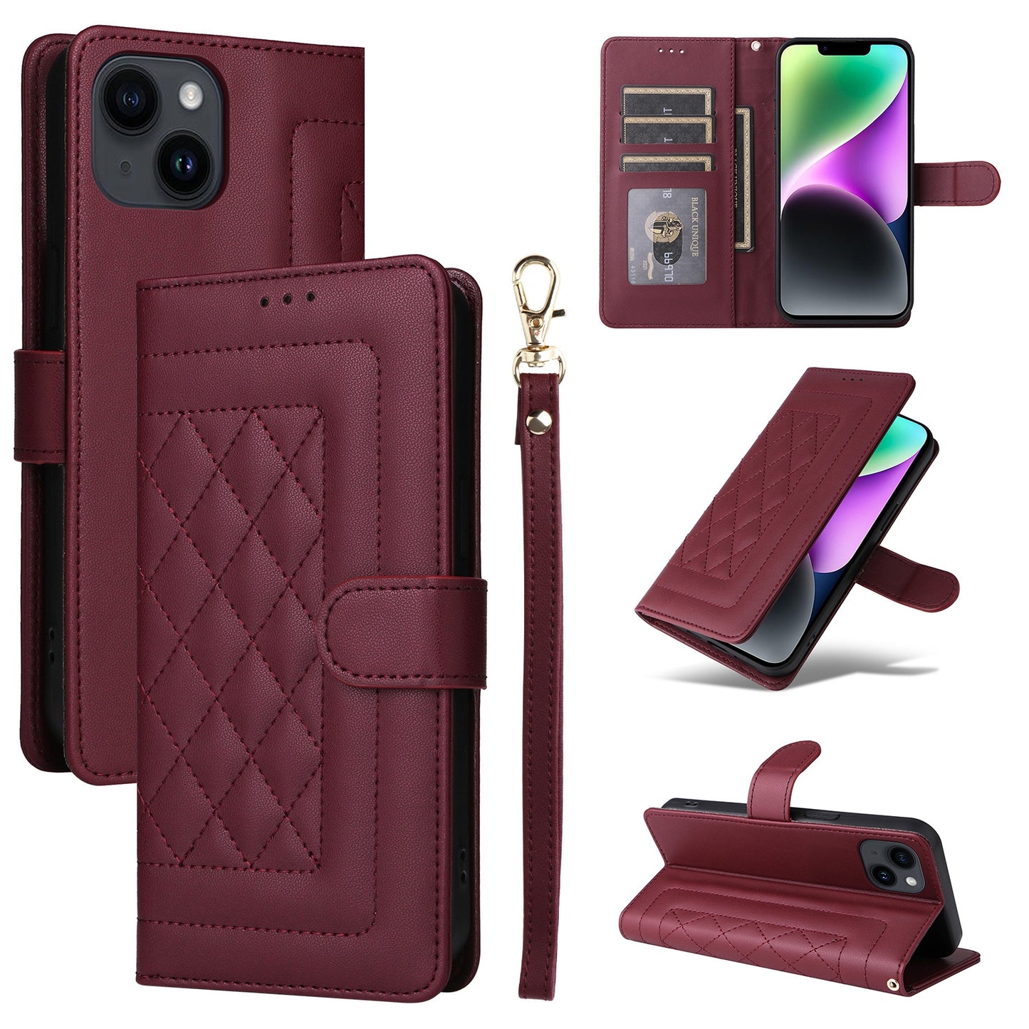 iPhone 14 Diamond Lattice Leather Flip Phone Case - Durable and Convenient Holder with Precision Cutouts