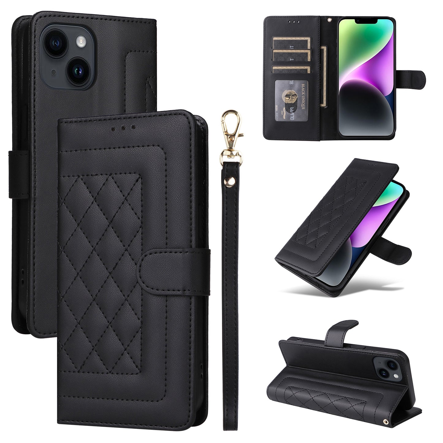 iPhone 14 Diamond Lattice Leather Flip Phone Case - Durable and Convenient Holder with Precision Cutouts