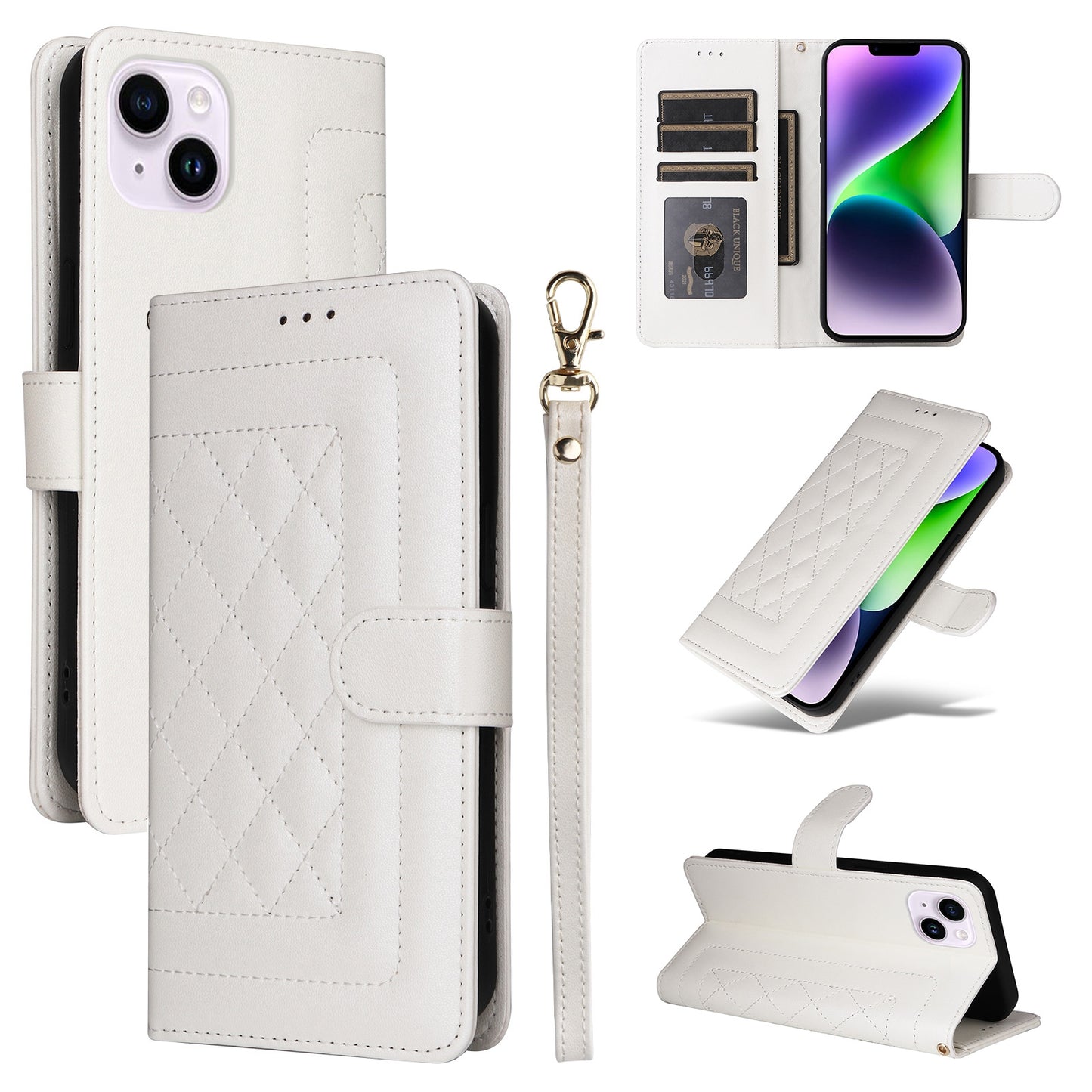 iPhone 14 Plus Diamond Lattice Leather Flip Phone Case - Durable and Convenient Holder with Precision Cutouts