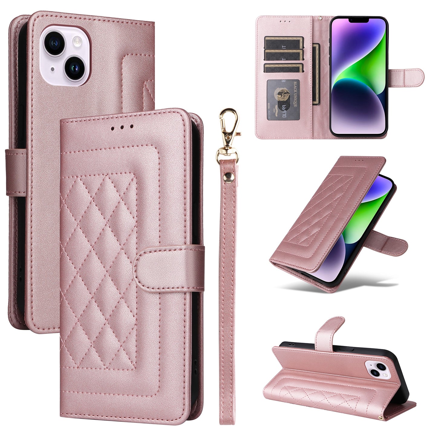iPhone 14 Plus Diamond Lattice Leather Flip Phone Case - Durable and Convenient Holder with Precision Cutouts