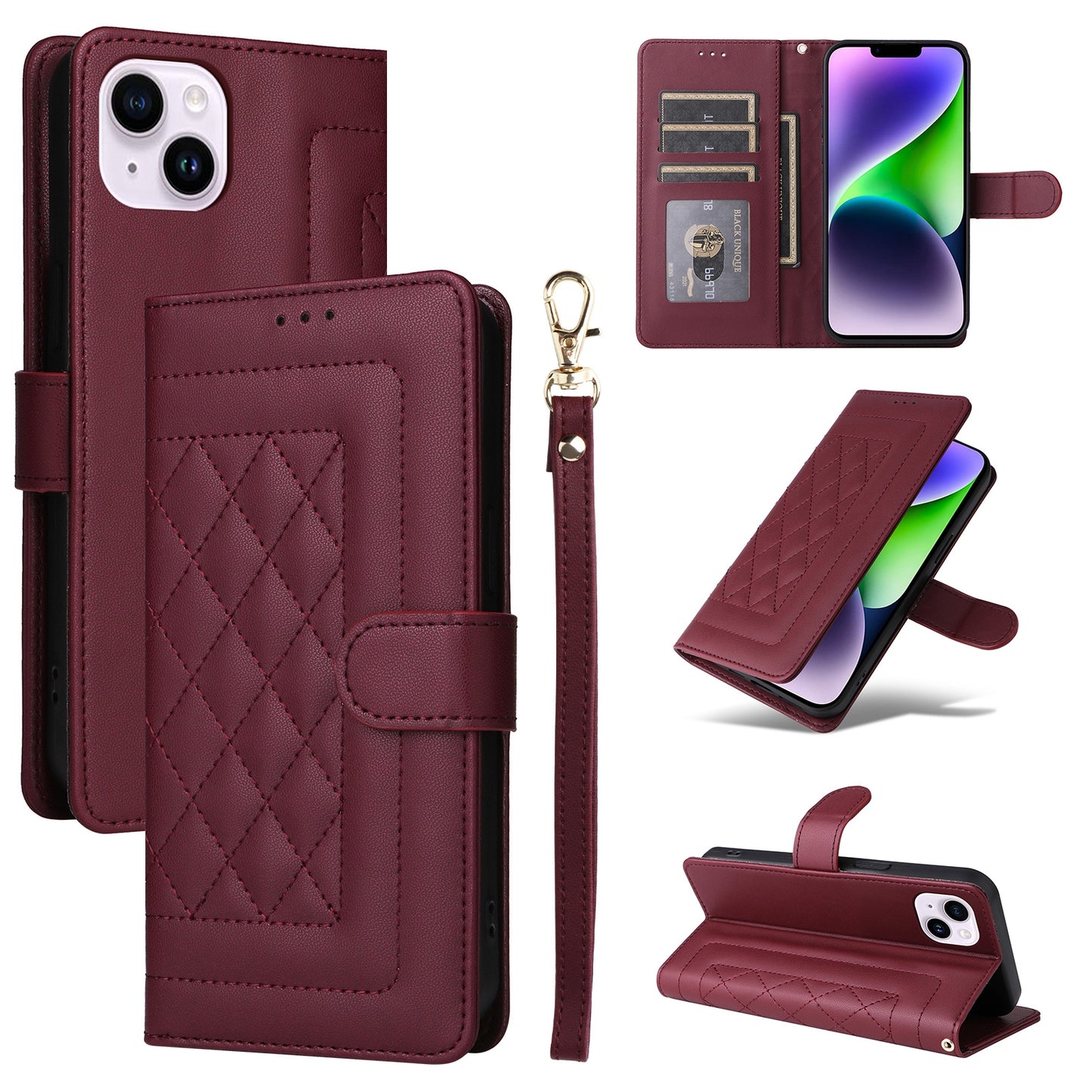 iPhone 14 Plus Diamond Lattice Leather Flip Phone Case - Durable and Convenient Holder with Precision Cutouts