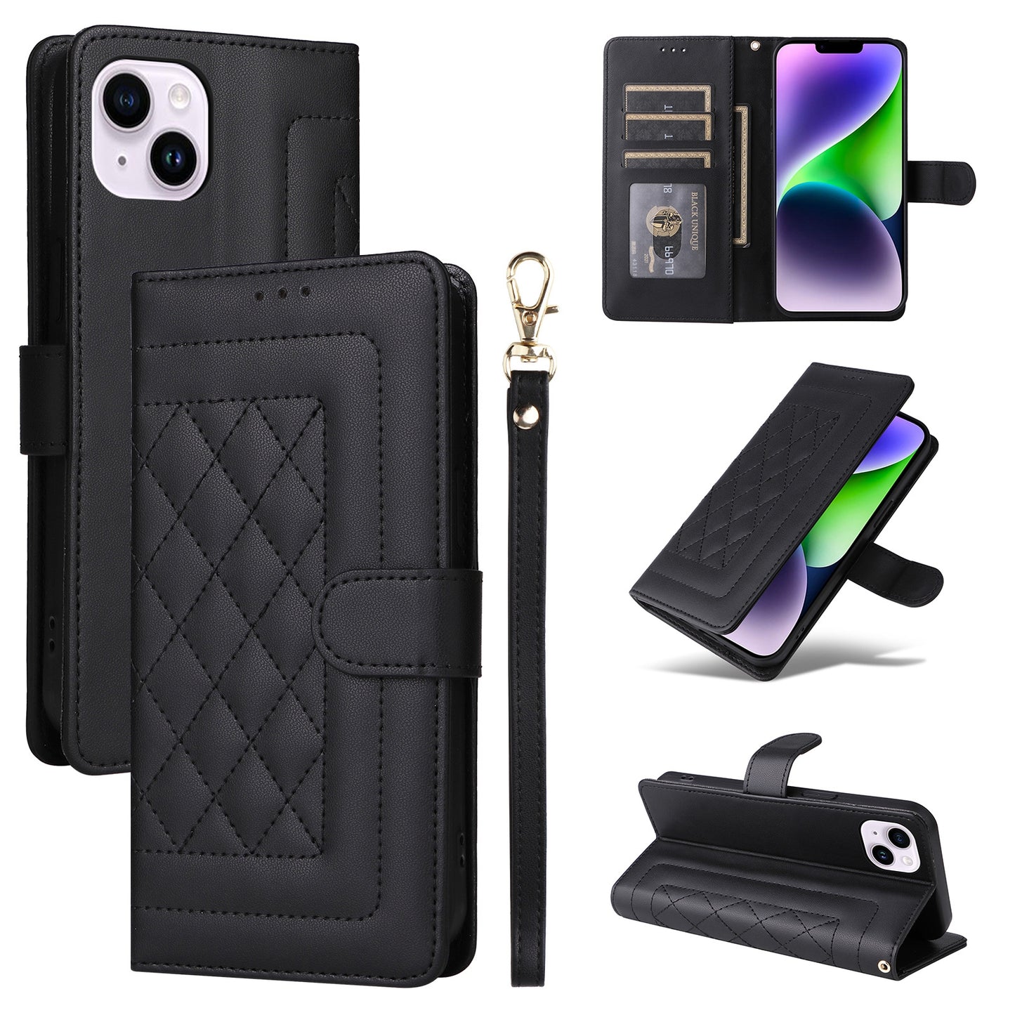 iPhone 14 Plus Diamond Lattice Leather Flip Phone Case - Durable and Convenient Holder with Precision Cutouts
