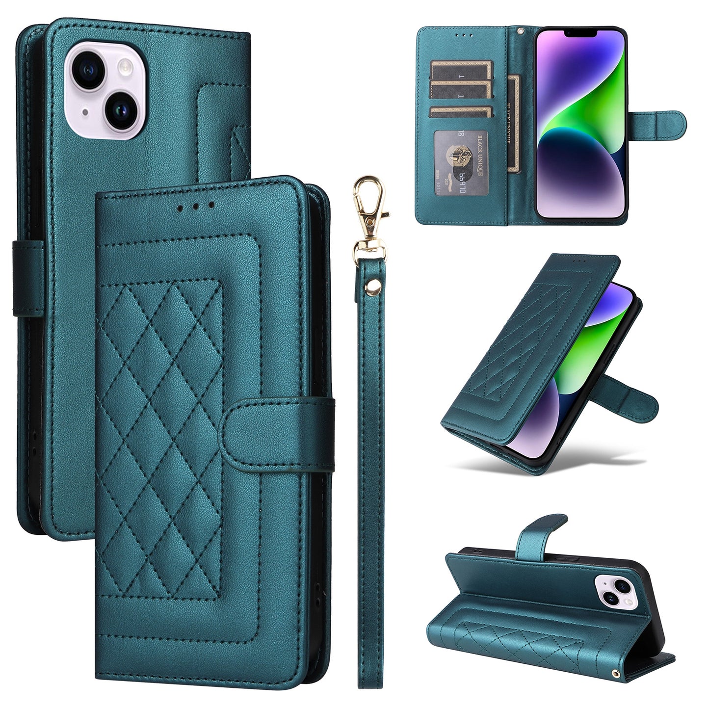 iPhone 14 Plus Diamond Lattice Leather Flip Phone Case - Durable and Convenient Holder with Precision Cutouts