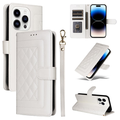 iPhone 14 Pro Diamond Lattice Leather Flip Phone Case - Durable and Convenient Holder with Precision Cutouts