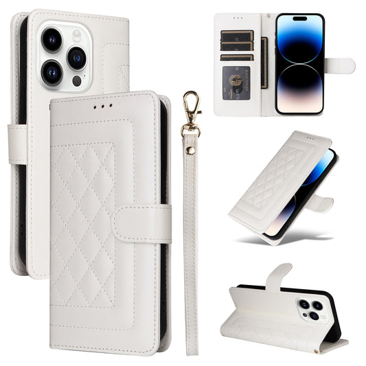 iPhone 14 Pro Diamond Lattice Leather Flip Phone Case - Durable and Convenient Holder with Precision Cutouts