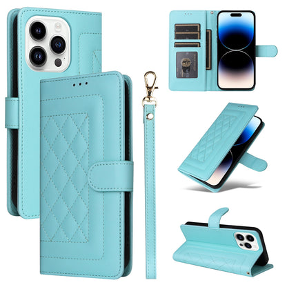 iPhone 14 Pro Diamond Lattice Leather Flip Phone Case - Durable and Convenient Holder with Precision Cutouts