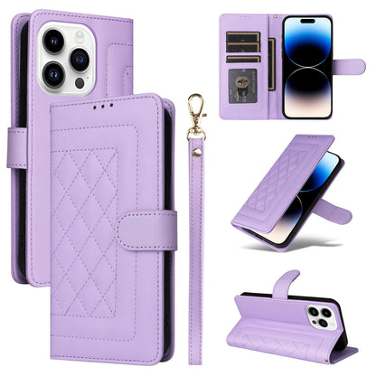 iPhone 14 Pro Diamond Lattice Leather Flip Phone Case - Durable and Convenient Holder with Precision Cutouts