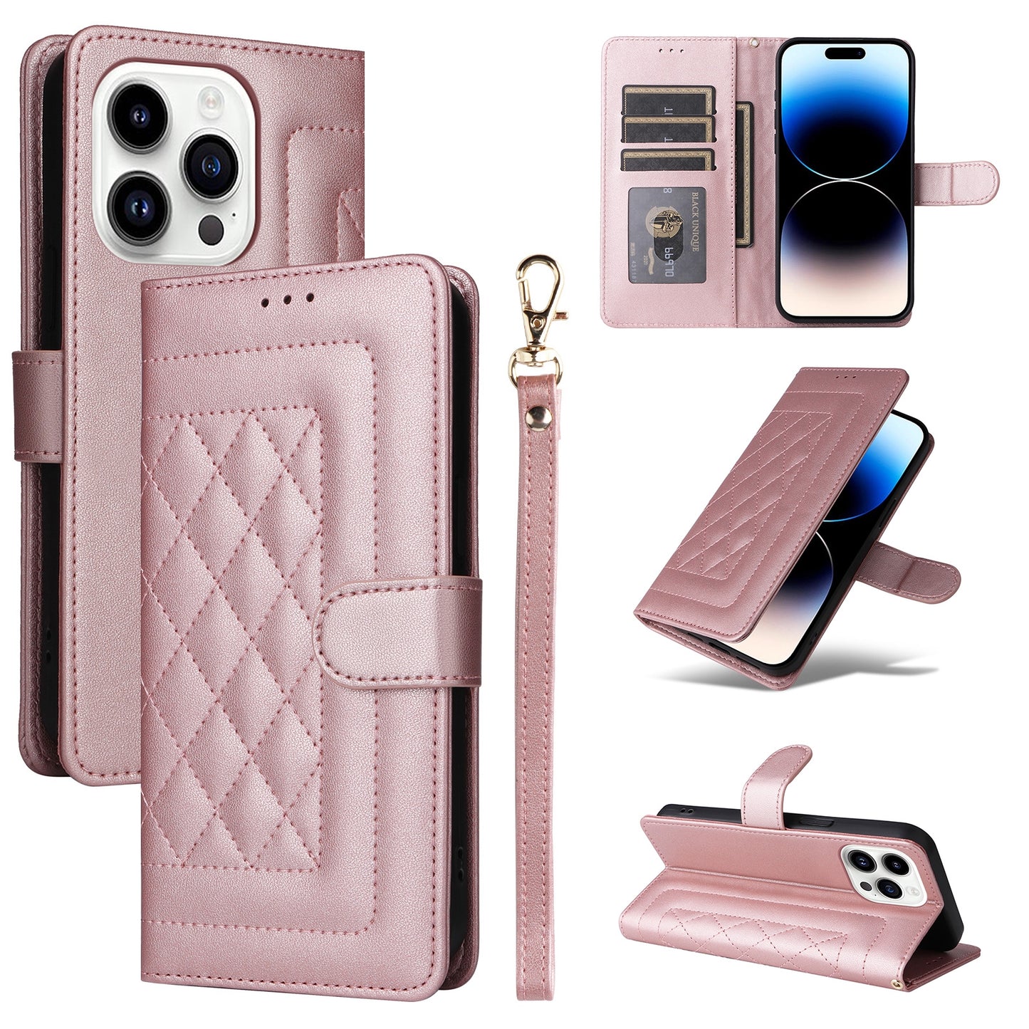 iPhone 14 Pro Diamond Lattice Leather Flip Phone Case - Durable and Convenient Holder with Precision Cutouts