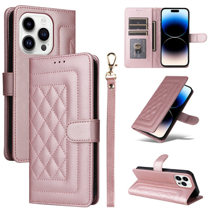 iPhone 14 Pro Diamond Lattice Leather Flip Phone Case - Durable and Convenient Holder with Precision Cutouts