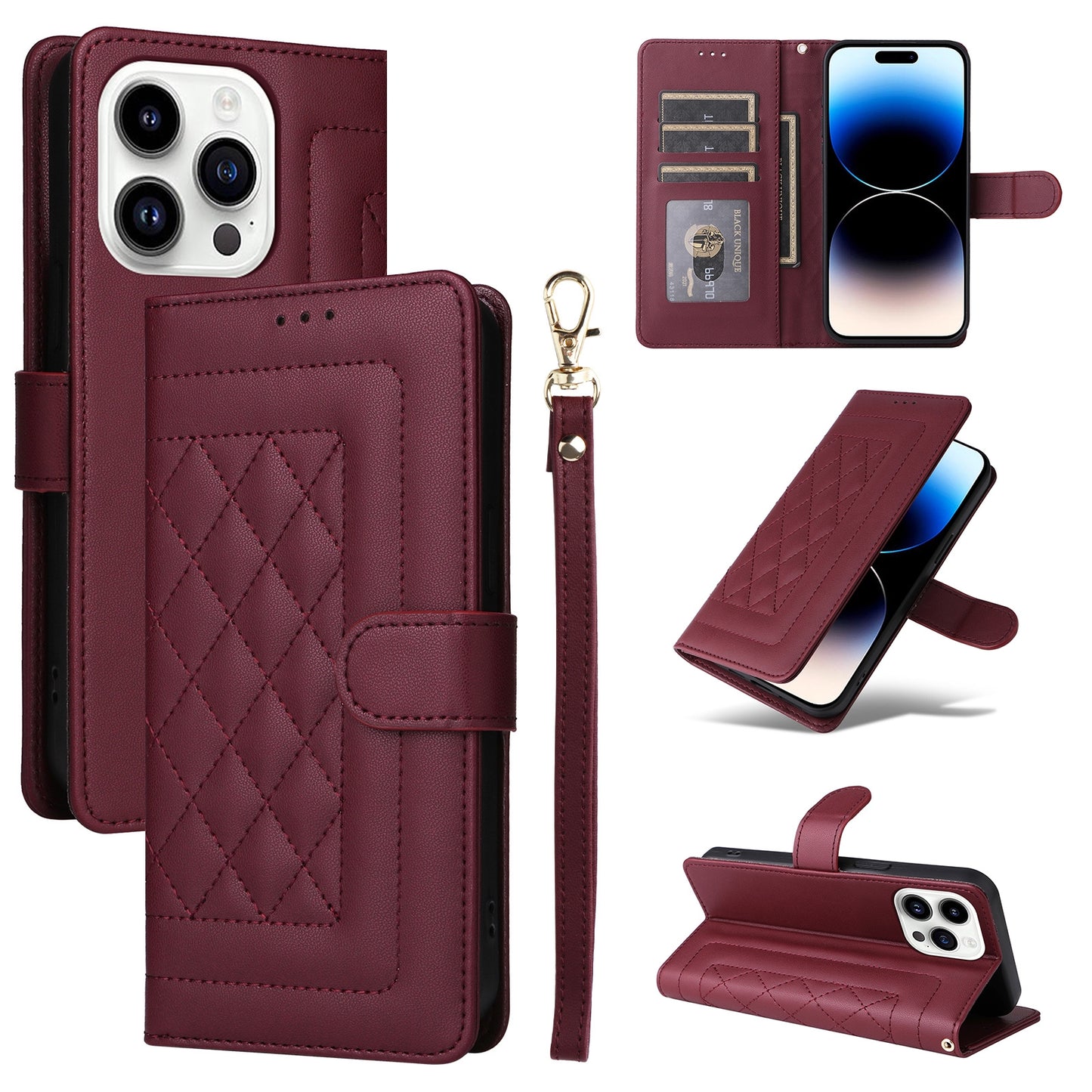 iPhone 14 Pro Diamond Lattice Leather Flip Phone Case - Durable and Convenient Holder with Precision Cutouts