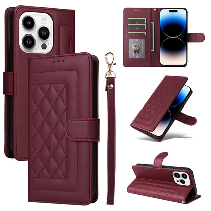 iPhone 14 Pro Diamond Lattice Leather Flip Phone Case - Durable and Convenient Holder with Precision Cutouts