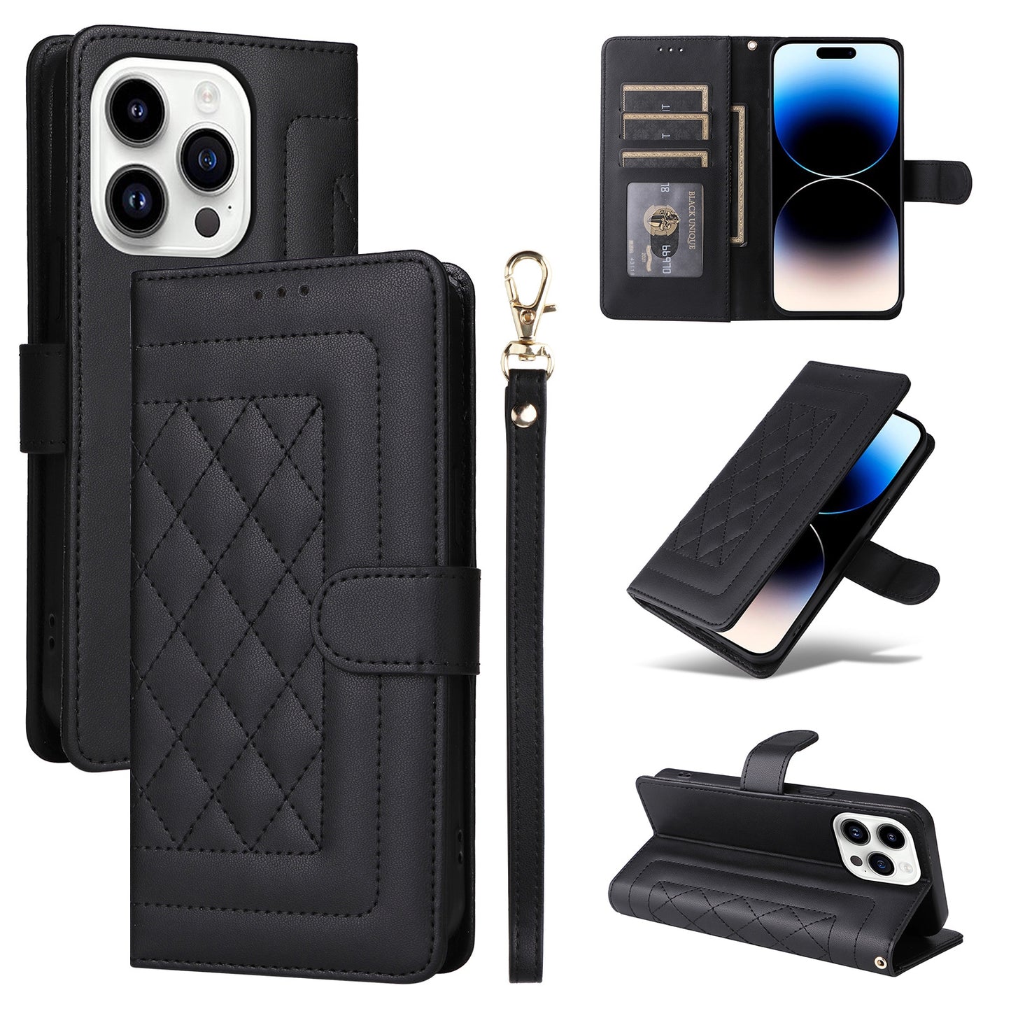 iPhone 14 Pro Diamond Lattice Leather Flip Phone Case - Durable and Convenient Holder with Precision Cutouts