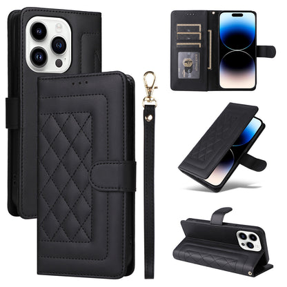 iPhone 14 Pro Diamond Lattice Leather Flip Phone Case - Durable and Convenient Holder with Precision Cutouts