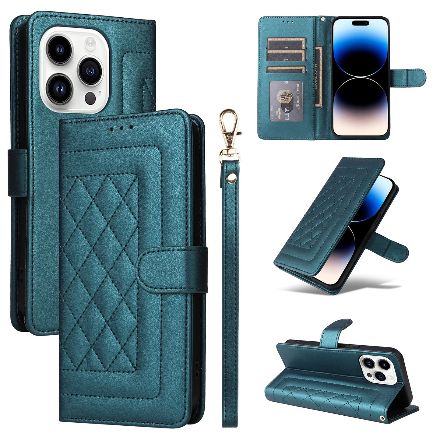 iPhone 14 Pro Diamond Lattice Leather Flip Phone Case - Durable and Convenient Holder with Precision Cutouts