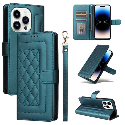 iPhone 14 Pro Diamond Lattice Leather Flip Phone Case - Durable and Convenient Holder with Precision Cutouts