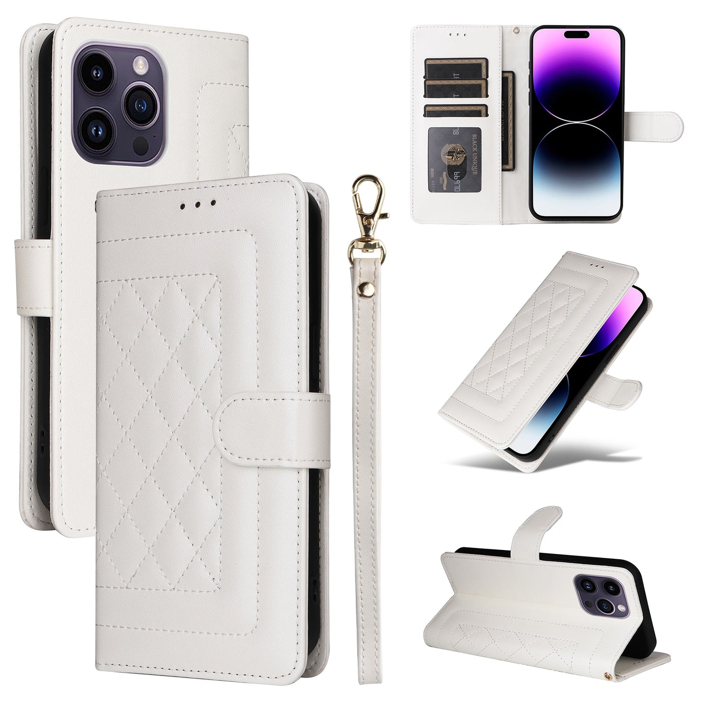 iPhone 14 Pro Max Diamond Lattice Leather Flip Phone Case - Durable and Convenient Holder with Precision Cutouts