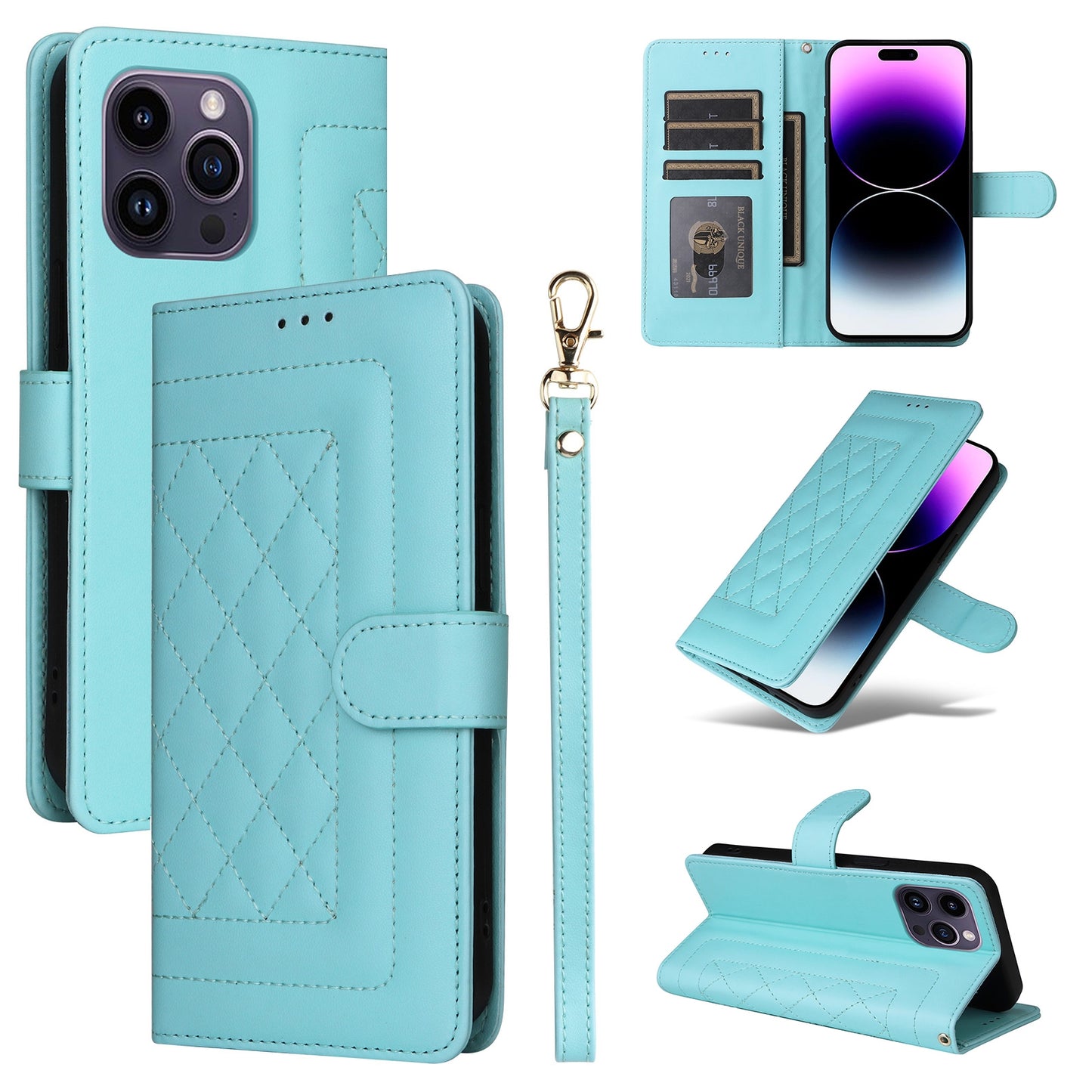 iPhone 14 Pro Max Diamond Lattice Leather Flip Phone Case - Durable and Convenient Holder with Precision Cutouts