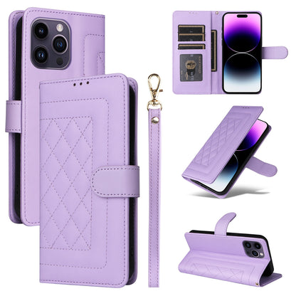 iPhone 14 Pro Max Diamond Lattice Leather Flip Phone Case - Durable and Convenient Holder with Precision Cutouts