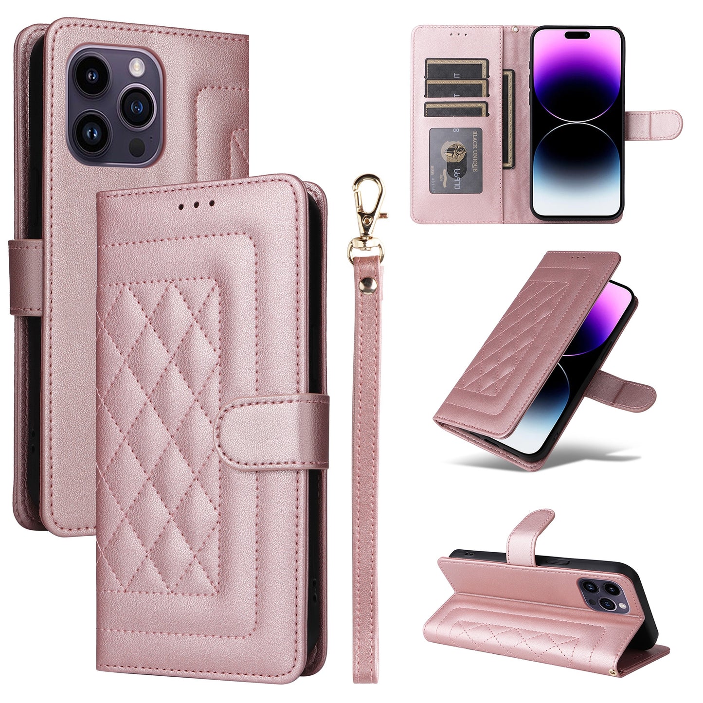 iPhone 14 Pro Max Diamond Lattice Leather Flip Phone Case - Durable and Convenient Holder with Precision Cutouts
