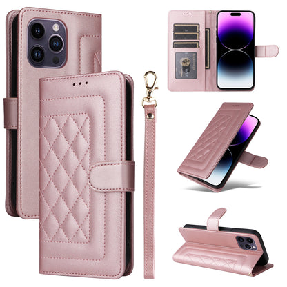iPhone 14 Pro Max Diamond Lattice Leather Flip Phone Case - Durable and Convenient Holder with Precision Cutouts