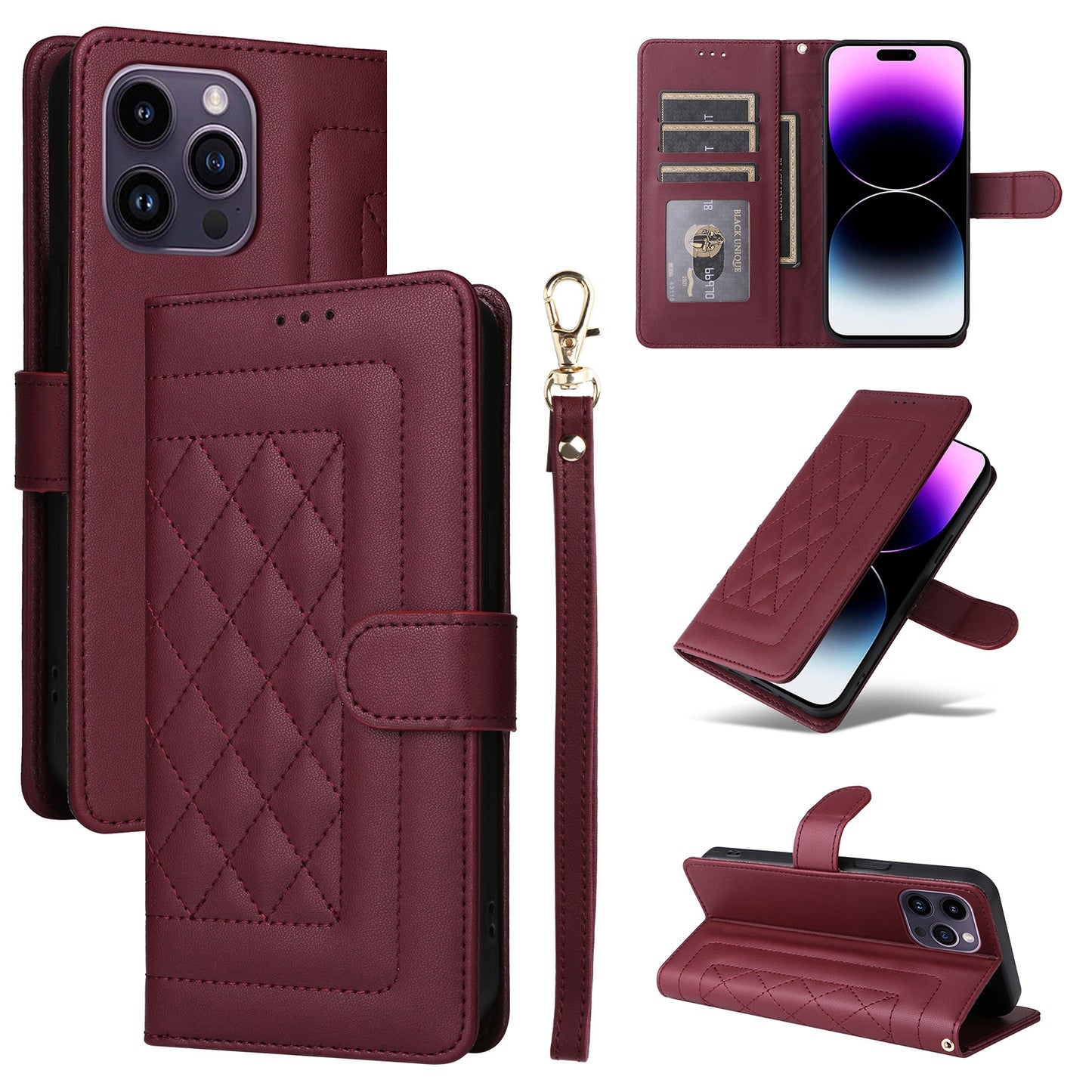 iPhone 14 Pro Max Diamond Lattice Leather Flip Phone Case - Durable and Convenient Holder with Precision Cutouts