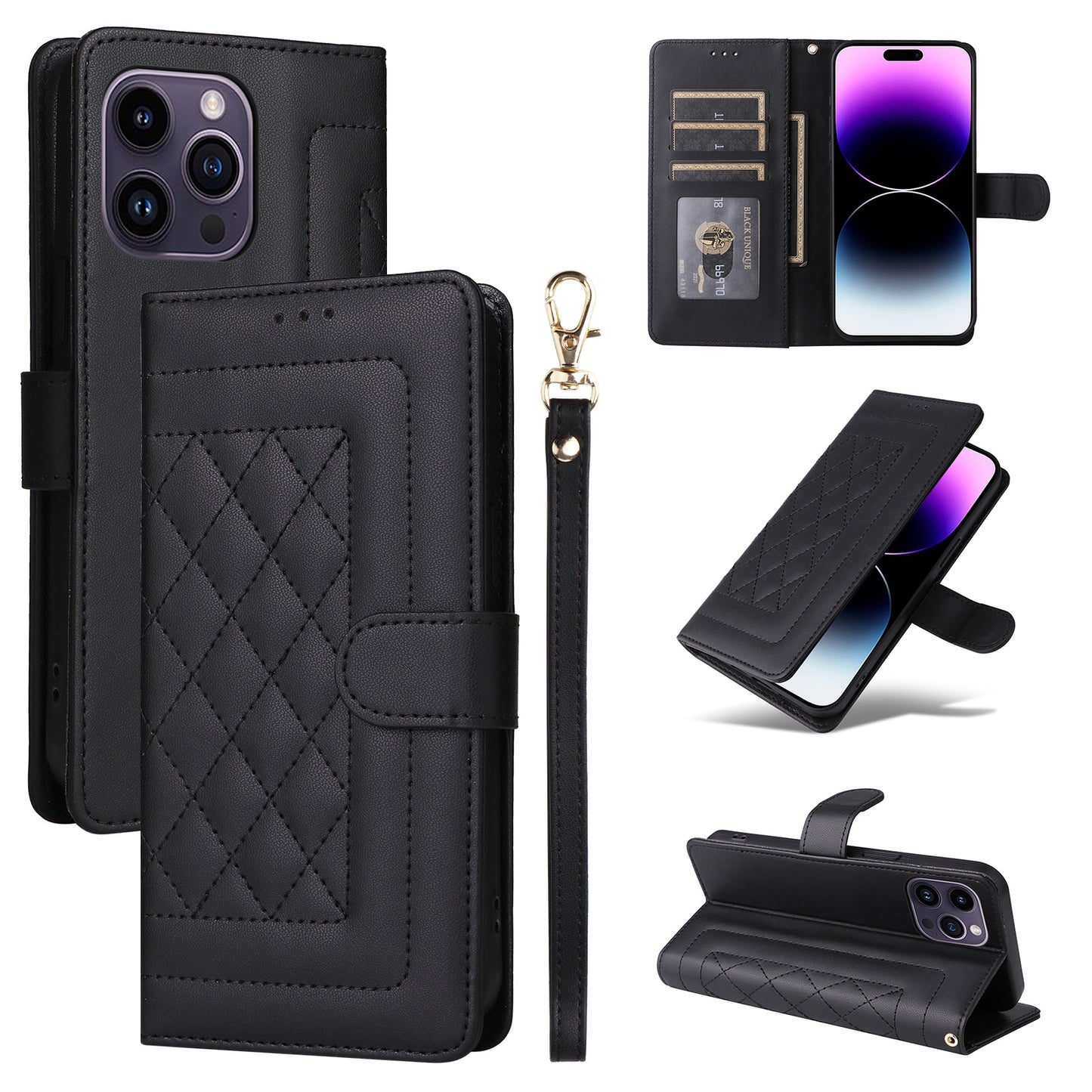 iPhone 14 Pro Max Diamond Lattice Leather Flip Phone Case - Durable and Convenient Holder with Precision Cutouts