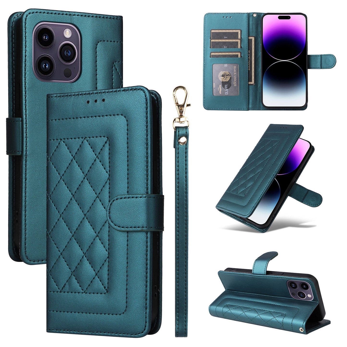 iPhone 14 Pro Max Diamond Lattice Leather Flip Phone Case - Durable and Convenient Holder with Precision Cutouts