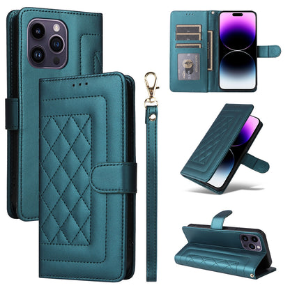 iPhone 14 Pro Max Diamond Lattice Leather Flip Phone Case - Durable and Convenient Holder with Precision Cutouts