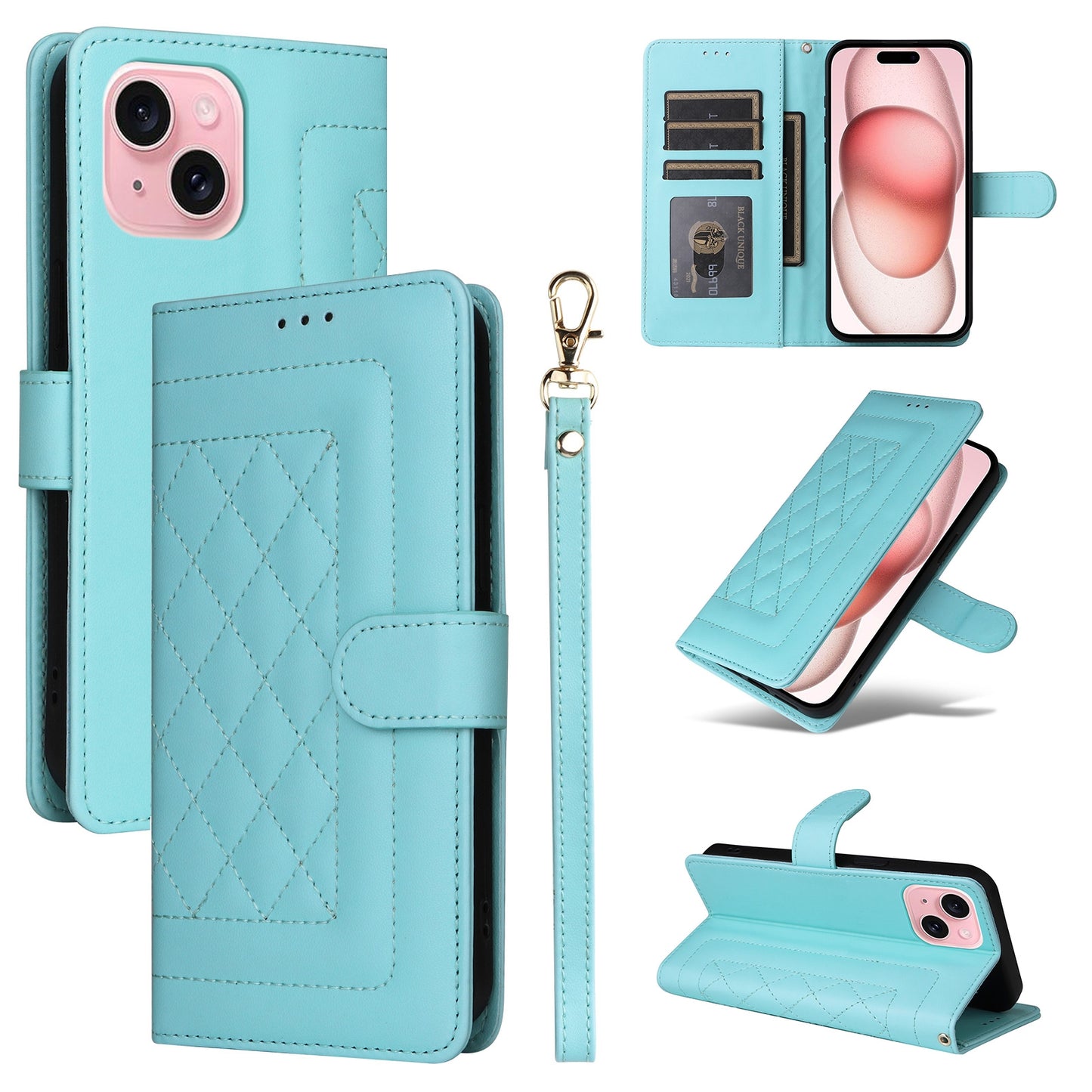 iPhone 15 Diamond Lattice Leather Flip Phone Case - Durable and Convenient Holder with Precision Cutouts