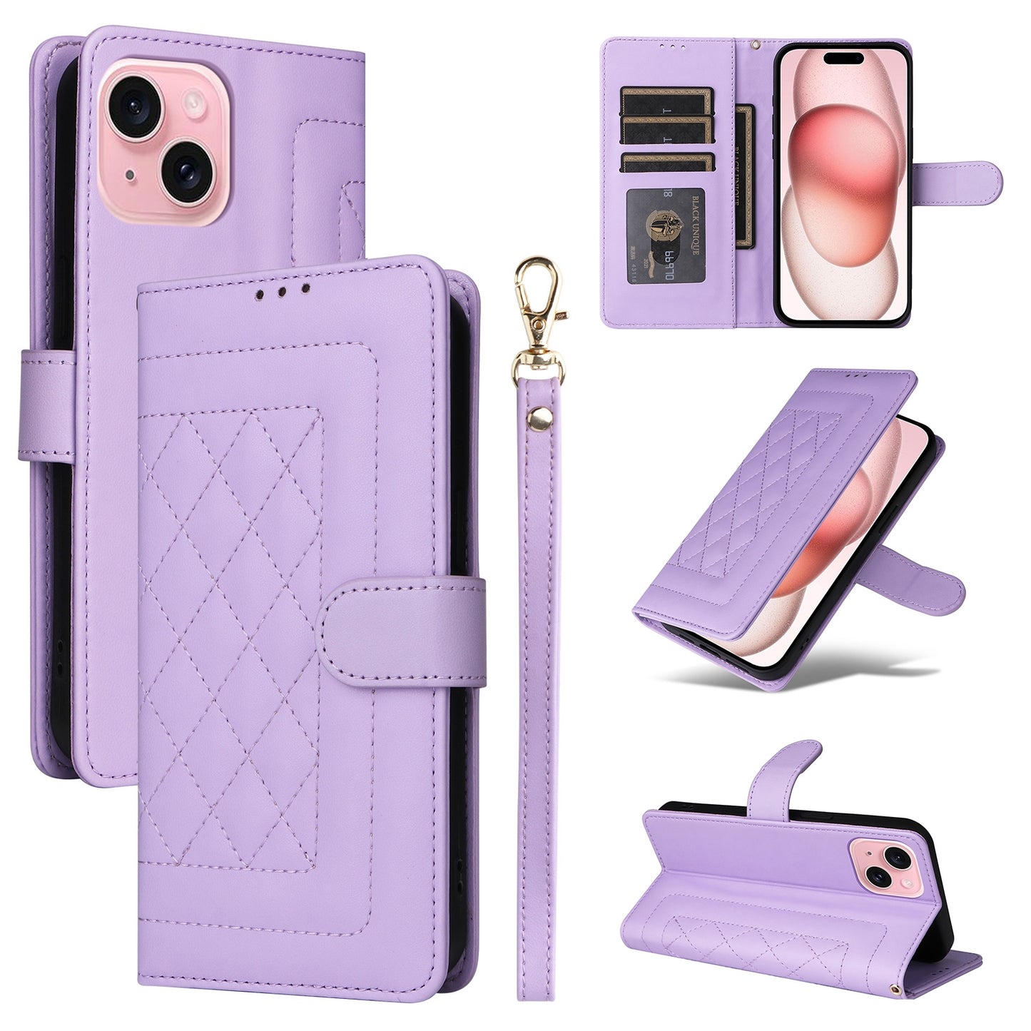 iPhone 15 Diamond Lattice Leather Flip Phone Case - Durable and Convenient Holder with Precision Cutouts