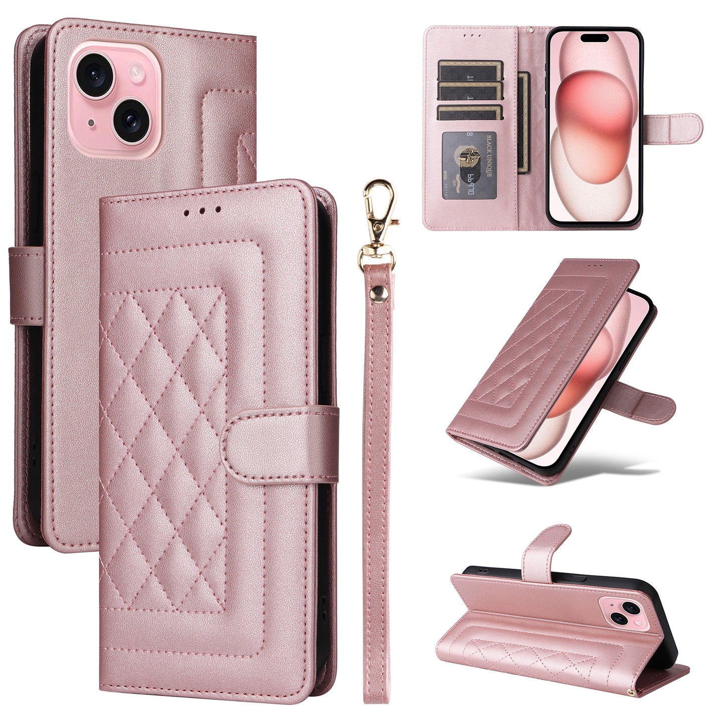 iPhone 15 Diamond Lattice Leather Flip Phone Case - Durable and Convenient Holder with Precision Cutouts