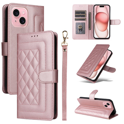 iPhone 15 Diamond Lattice Leather Flip Phone Case - Durable and Convenient Holder with Precision Cutouts