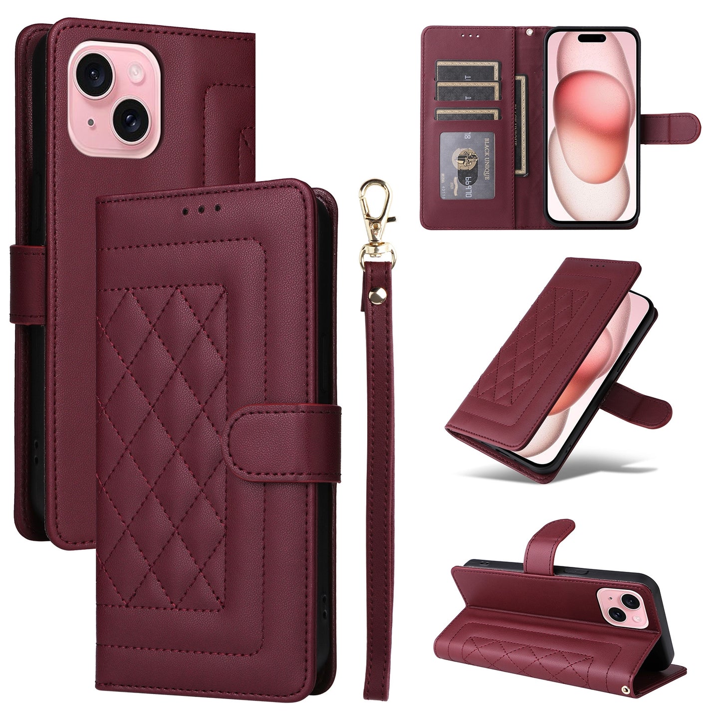 iPhone 15 Diamond Lattice Leather Flip Phone Case - Durable and Convenient Holder with Precision Cutouts