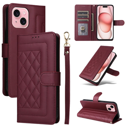 iPhone 15 Diamond Lattice Leather Flip Phone Case - Durable and Convenient Holder with Precision Cutouts