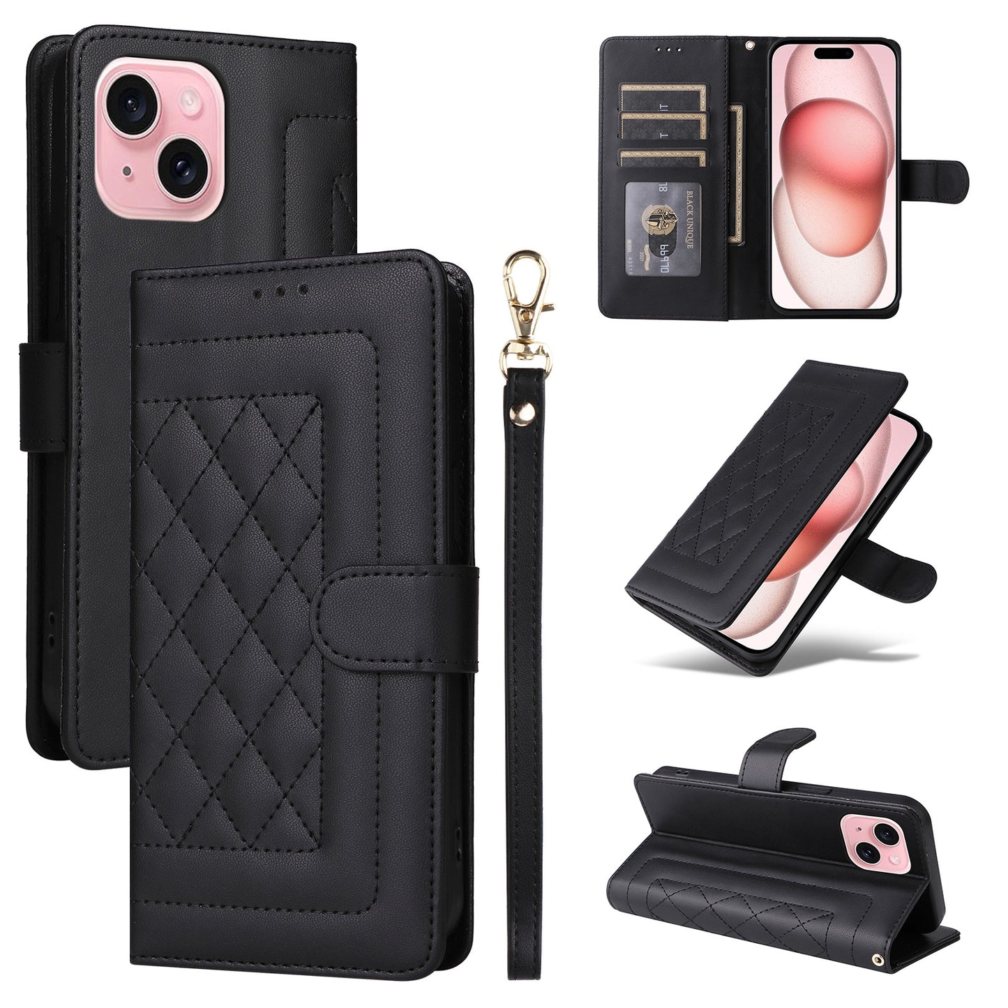 iPhone 15 Diamond Lattice Leather Flip Phone Case - Durable and Convenient Holder with Precision Cutouts
