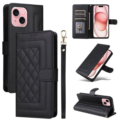 iPhone 15 Diamond Lattice Leather Flip Phone Case - Durable and Convenient Holder with Precision Cutouts