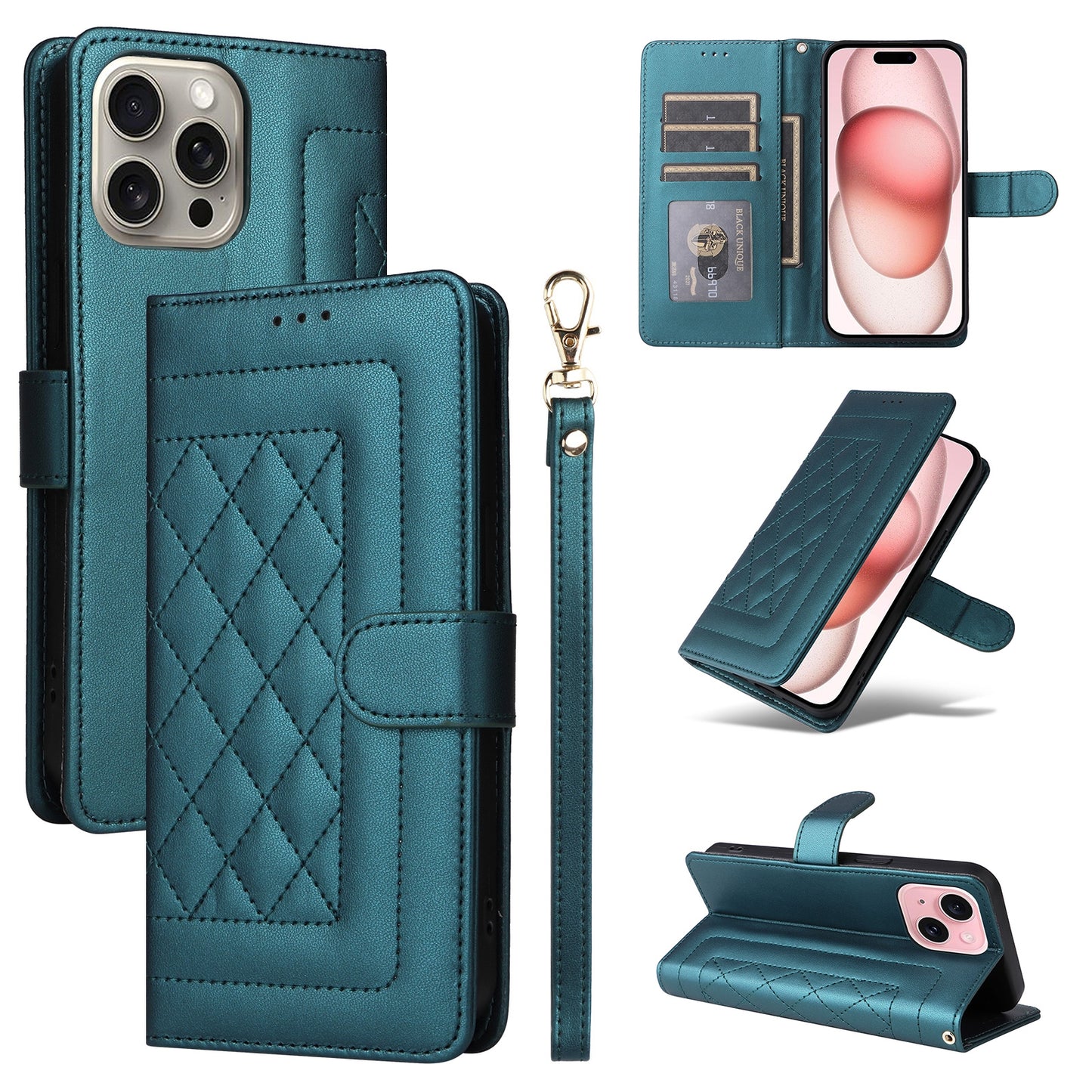 iPhone 15 Diamond Lattice Leather Flip Phone Case - Durable and Convenient Holder with Precision Cutouts