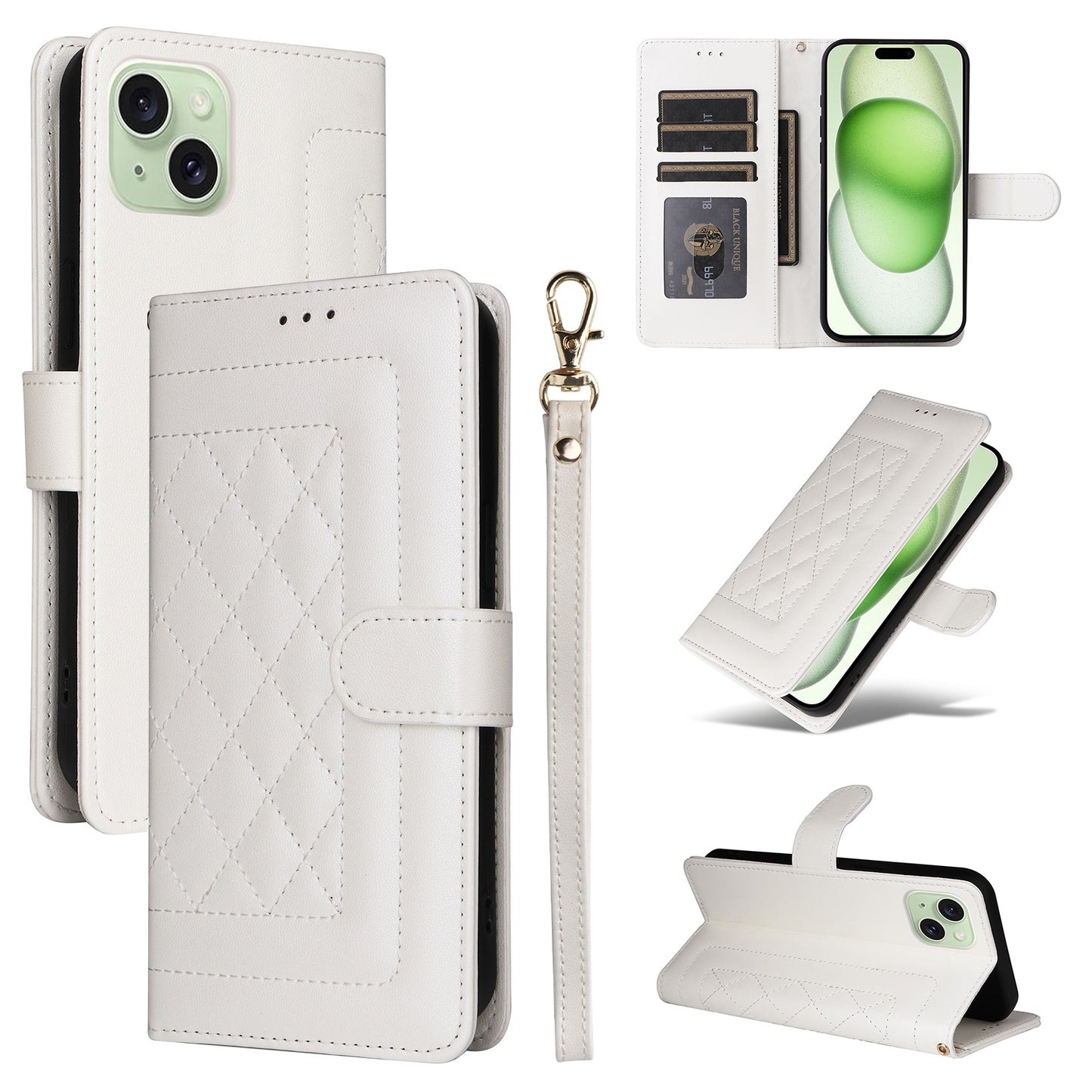 iPhone 15 Plus Diamond Lattice Leather Flip Phone Case - Durable and Convenient Holder with Precision Cutouts