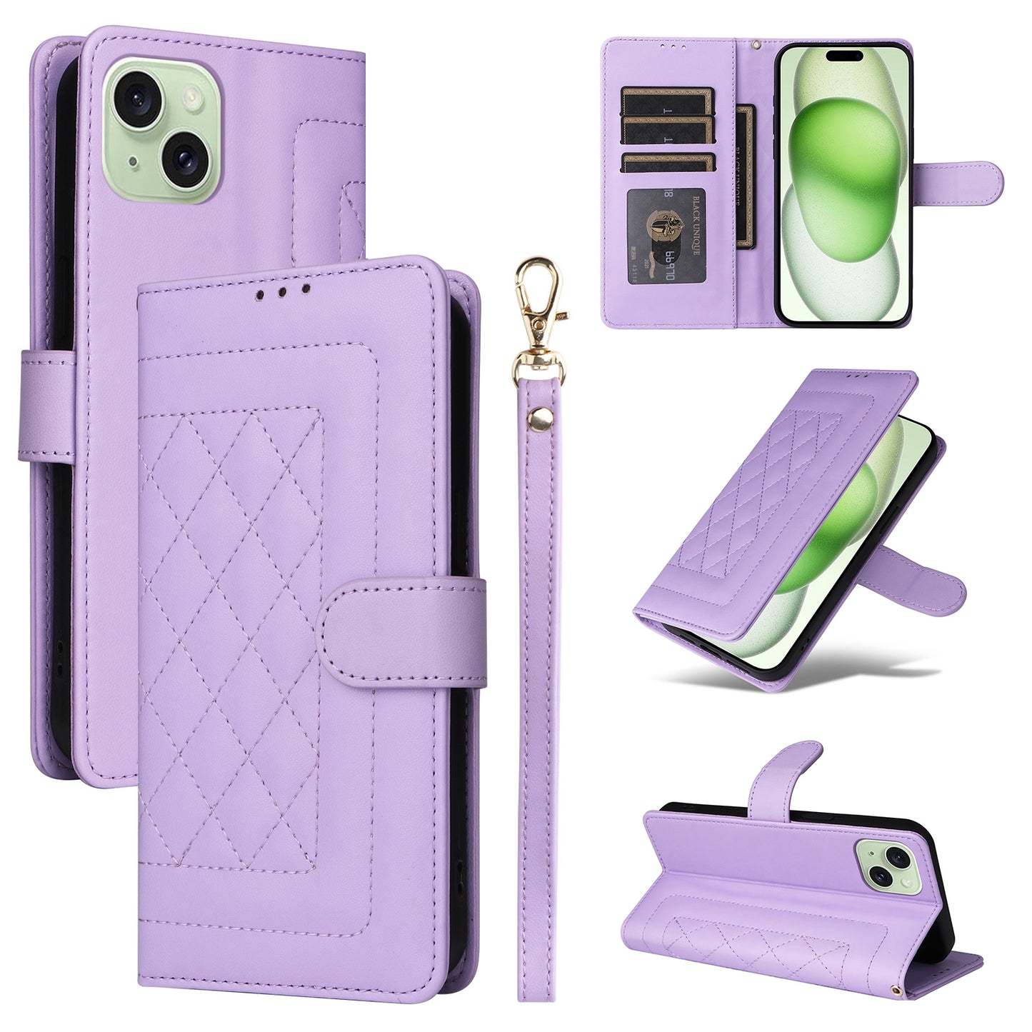 iPhone 15 Plus Diamond Lattice Leather Flip Phone Case - Durable and Convenient Holder with Precision Cutouts