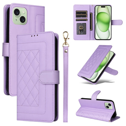 iPhone 15 Plus Diamond Lattice Leather Flip Phone Case - Durable and Convenient Holder with Precision Cutouts