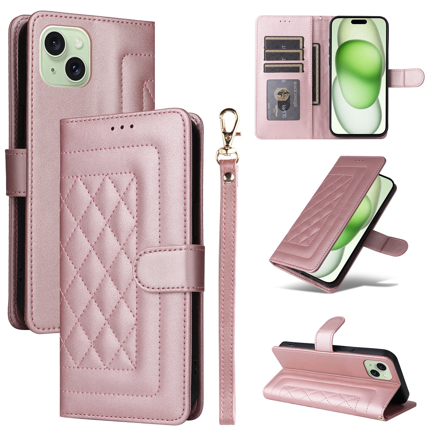 iPhone 15 Plus Diamond Lattice Leather Flip Phone Case - Durable and Convenient Holder with Precision Cutouts
