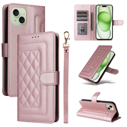 iPhone 15 Plus Diamond Lattice Leather Flip Phone Case - Durable and Convenient Holder with Precision Cutouts
