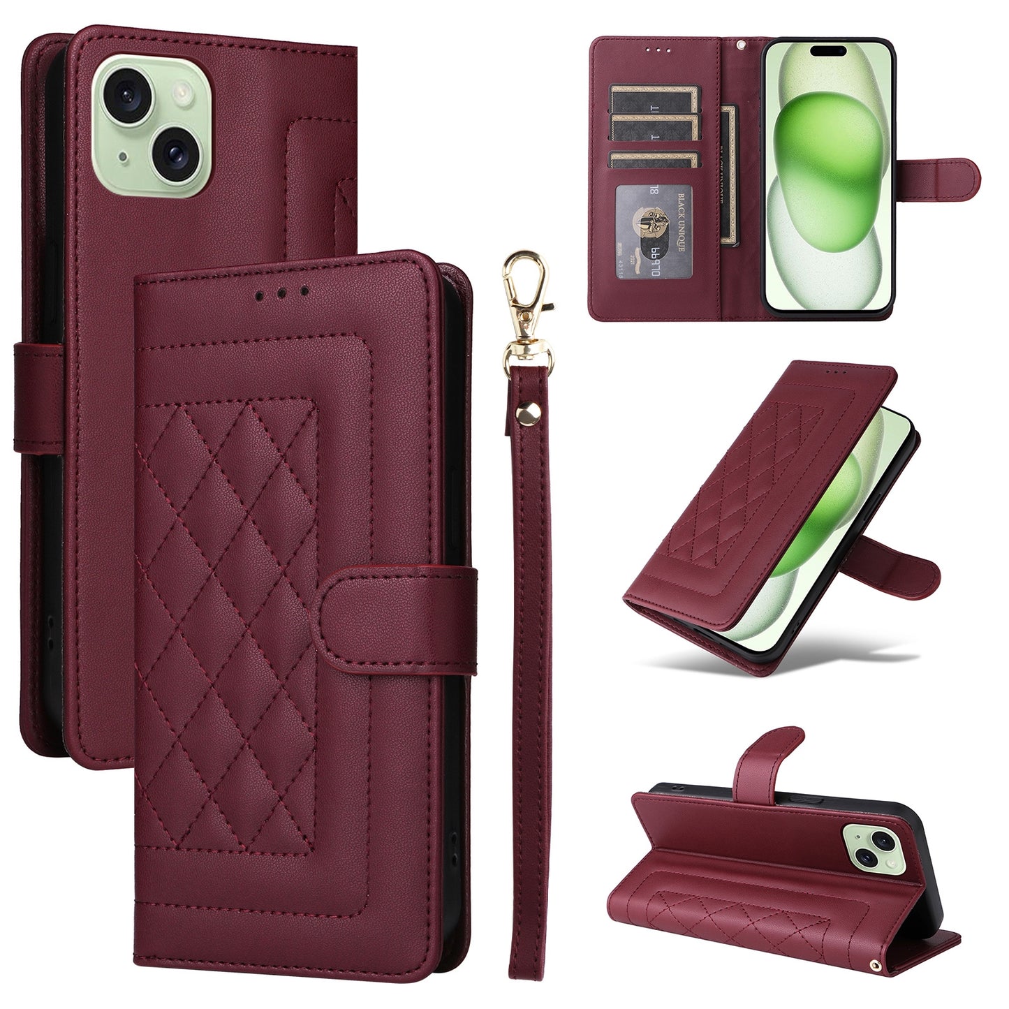 iPhone 15 Plus Diamond Lattice Leather Flip Phone Case - Durable and Convenient Holder with Precision Cutouts