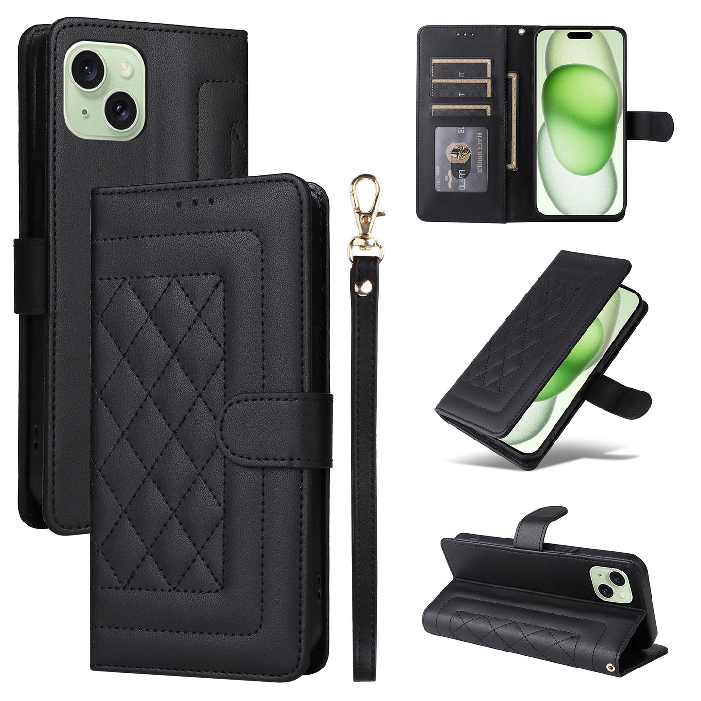 iPhone 15 Plus Diamond Lattice Leather Flip Phone Case - Durable and Convenient Holder with Precision Cutouts