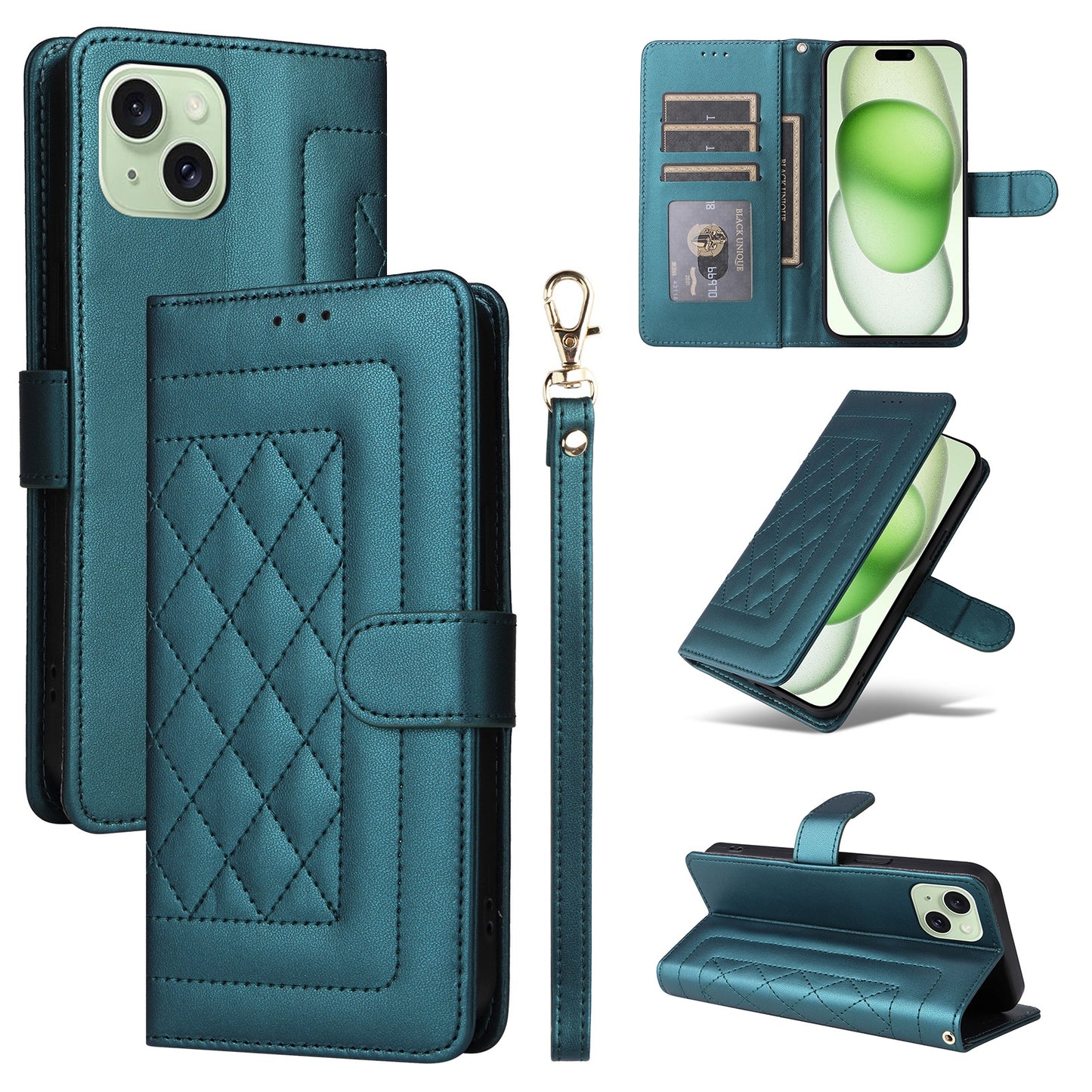 iPhone 15 Plus Diamond Lattice Leather Flip Phone Case - Durable and Convenient Holder with Precision Cutouts