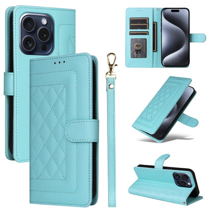 iPhone 15 Pro Diamond Lattice Leather Flip Phone Case - Durable and Convenient Holder with Precision Cutouts